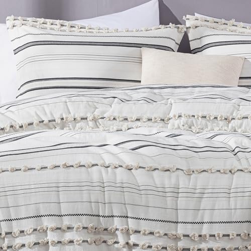 Chezmoi Collection 4-Piece Clip Jacquard Cotton Comforter Set King, Boho Chic Tufted Pompom Striped Bedding with Linen Blended Textured Pillow Cushion, Gray/White - color: Maru Gray White, size: King