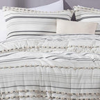 Chezmoi Collection 4-Piece Clip Jacquard Cotton Comforter Set King, Boho Chic Tufted Pompom Striped Bedding with Linen Blended Textured Pillow Cushion, Gray/White - color: Maru Gray White, size: King