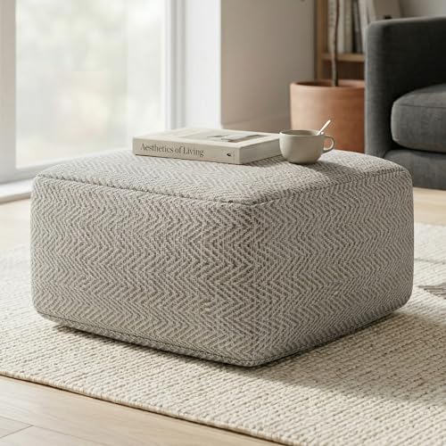 SIMPLIHOME Nate Square Pouf - 20 inch Wide Upholstered Handwoven Cotton Ottoman in Patterned Grey Melange, Boho Footstool or Extra Seating for Living Room with Artisanal Texture, Assembled - color: Patterned Grey Melange, style: Cotton Pouf
