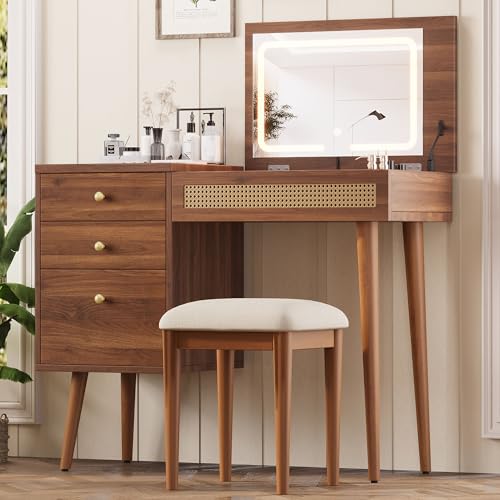 47" Rattan Vanity Table with Mirror and Lights, Brown Makeup Vanity with Storage & 5 Drawers, Boho Vanitys Desk with Shelves for Bedroom, 3 Lighting Modes, Adjustable Brightness (Brown) - color: Brown