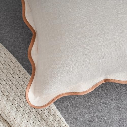 Scalloped Throw Pillow Covers 12x20 Inch Set of 2, Cotton & Linen, Boho Sytle Decorative Couch Bed for Living Room (Beige Pillow & Brown Edge) - color: Beige, size: 20" x 12" (Pack of 2)