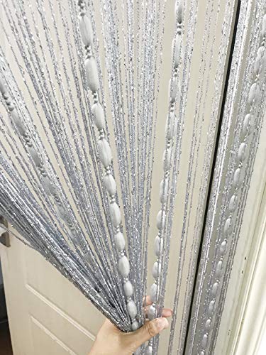 Door String Curtain Flat Silver Ribbon Thread with Shaggy Tassel Room Divider, 39’’x79’’ (Grey-style2) - color: Grey-style2