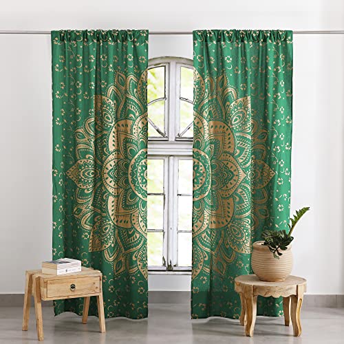 Popular Handicrafts Printed Curtains for Living Room Set of 2 Indian Hippie Bohemian Beautiful Ombre Color Mandala Curtain for Bedroom Panels Green Gold 25 x 74 Inches - color: Green Dye Gold, size: 25"W x 74"L (Pack of 2)