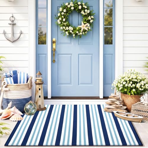 Moucuny Blue and White Striped Rug, 2'4'' x 3'7'' Coastal Navigation Theme Summer Rug Outdoor Front Porch Door Mat Welcome Layering Rustic Washable Doormat for Entryway Farmhouse Decor - color: Navy White Blue, size: 2'4'' X 3'7'', style: Vertical Stripe