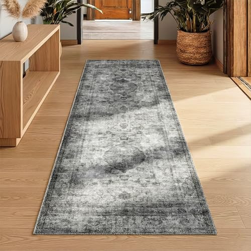 Homemate Washable Rug 2x6 Area Rugs - Vintage Faux Wool Rugs for Living Room Bedroom Dining Room - Non Slip Foldable Carpet Indoor Area Rug for Home Decor（2'x6', Black - color: Black, size: 2x6 ft