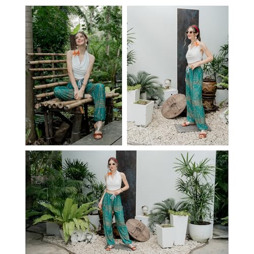Tranquil Threads Women's Harem Pants with Pockets and Drawstring, Hippie Boho Yoga Clothes - color: Teal Reverie, size: X-Large