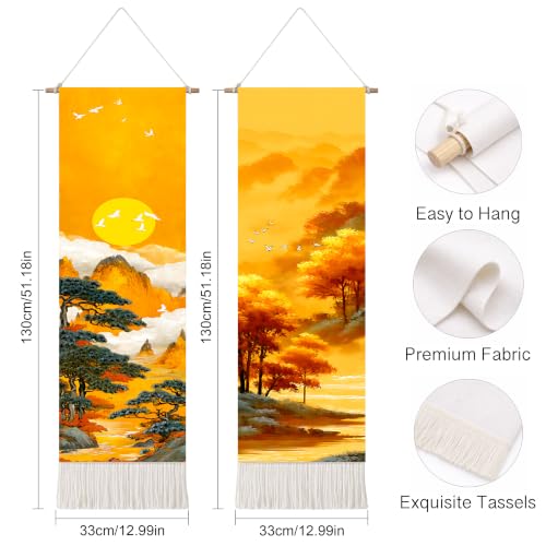 seewan 2 Pack Long Vertical Wall Tapestry, Boho Nature Landscape & Floral Aesthetic Wall Hanging for Bedroom Living Room Home Decor, Long Narrow Art Tapestry with Sunrise Mountain Botanical Designs, 13" × 51" (Golden Horizon Dawn, 13"Wx51"H, Unframed) - c