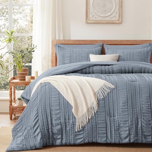 DHSFKBE Blue Tufted Comforter Set Queen Size 7 Piece Bed in a Bag，Shabby Chic Boho Bedding for Bedroom Comforter，All Season Soft Microfiber Ruffle Comforter Set with Pillow and Sheets - color: Blue, size: Queen