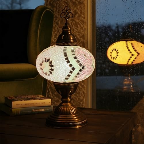 Turkish Mosaic Table Lamp with Bulb – Handmade Pink Stained Glass Light, Vintage Bohemian Decorative Bedside Lamp with US Plug & E12 Socket - color: Pink