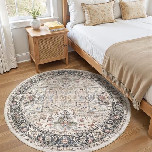 Area Rug for Living Room - 5x5 Large Soft Washable Oriental Vintage Floral Carpet Safe for Babies & Pets - Fade Stain Resistant Non Slip Rugs for Bedroom Dining Room Nursery Dorm Office Home Decor - color: Multi Color, size: 5' x 5' (Round)