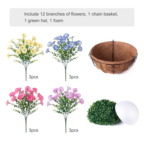 Artificial Faux Hanging Plants Flowers Basket for Outdoors Spring Summer Decoration, Silk Morning Glory Eucalyptus Look Real UV Resistant Fake Flowers for Porch Outside Patio Balcony Yard Home Garden - color: Multi-color (Purple, Pink, Blue, Yellow)