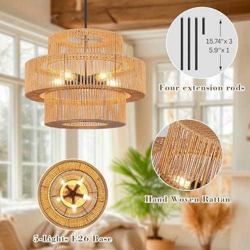 22" Boho Hand Woven Rattan Chandelier Light Fixtures, 5 Light Farmhouse Pendant Light for Kitchen Island, 3 Round Large Wicker Chandeliers for Dining Room, Living Room, Bedroom, Hallway - color: Beige, size: 22 Inch