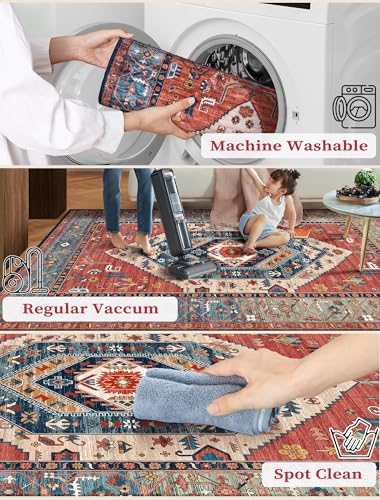 SERISSA Boho Washable Runner Rug, 2x5 Non-Slip Vintage Rust Hallway Kitchen Runner Rug Ultra Soft Print Distressed Tribal Floor Carpet for Bedroom Bathroom Laundry Living Room - color: Rust/Multi, size: 2' x 5' (Runner)