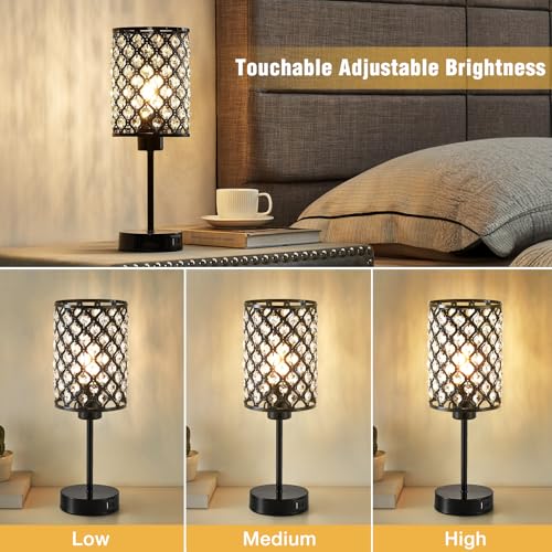 GyroVu Crystal Table Lamp, Black Lamp for Bedroom Nightstand with USB C+A Ports, Dimmable Touch Lamp with Crystal Shade, Bedside Lamp Small Lamp for Bedroom, Living Room, Office (Bulb Included) - color: Black, size: 14.75"