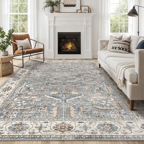 5x8 Area Rugs for Living Room - Washable Soft Large Vintage Rug Non-Slip Stain Resistant Traditional Stain Resistant Indoor Floor Low Pile Carpet for Bedroom Dining Room or Home Office - Blue Multi - color: Blue, size: 5' x 8' (Rectangular)