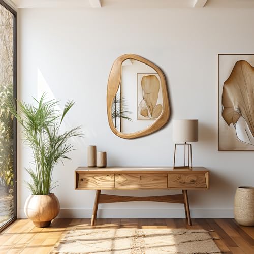 LuxenHome Irregular Oblong Wall Mirror,Accent with Natural Wood Frame,Rustic Bathroom Mirror,Vanity Makeup Mirror, Wall Mounted Mirror for Living Room,Entryway,Bedroom,Decorative Mirror - color: Irregular Oblong