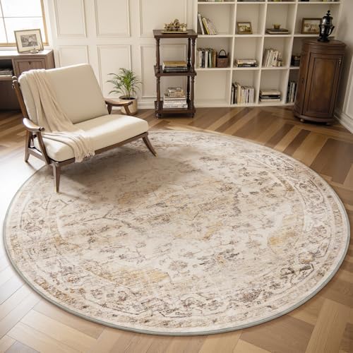 AMOAMI-6FT Round Rug-Rugs for Living Room-Vintage Soft Beige Rugs for Bedroom-Non Slip Circle Rug-Machine Washable Rug for Dining Room Living Room Bedroom Office Under Table - color: Beige, size: 6' (Round)