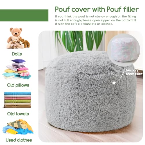 HIGOGOGO Round Stuffed Pouf Ottoman, Long Faux Fur Poufs with Foam Chunk Filling, Fluffy and Furry Pouf Foot Stool Storage Ottoman, 26 X 18 Floor Poufs Foot Rest for Living Room, Light Grey - color: Grey, size: 26INCH