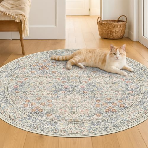 Beige Blue 4ft Round Rug for Entryway - Small Circle Rug for Nursery, Living Room, Bedroom, Home Office, Boho Washable Non Slip Soft Carpet Décor - color: Beige Blue, size: 4' (Round)
