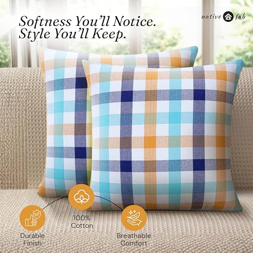 Native Fab Throw Pillow Covers 2 Pack, 20x20 Inches, 100% Cotton, Summer Plaid Design, Bright Decorative Square Cushion Cases, Cheerful Decor for Sunroom, Sofa, Couch, Riviera Blue & Sunflower - color: Gingham Riviera Blue & Sunflower Plaid, size: 20" x 2