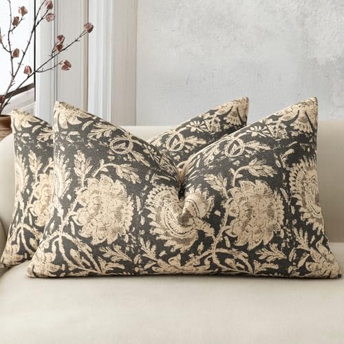 Vintage Floral Print Throw Pillow Covers 12x20 Set of 2 Neutral Modern Farmhouse Pillow Cases Accent Decorative Cushion Covers Boho Home Decor for Couch Sofa Chair Bed Living Room, Black - color: Black, size: 20" x 12" (Pack of 2)
