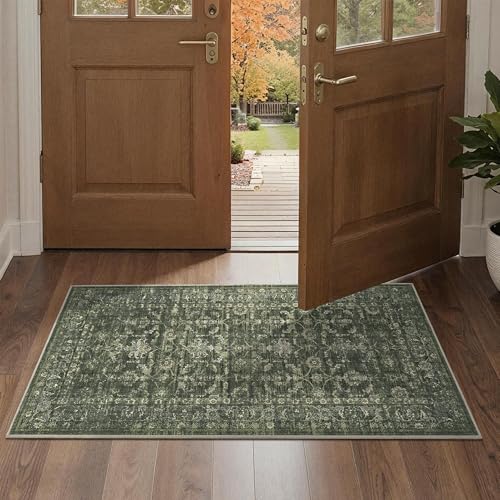 2x4 Green Runner Rug Hallway Washable Area Rugs Kitchen Vintage Boho Non Slip Long Rug Floral Carpet Indoor Retro Soft Low Pile Throw Rug for Bedroom Bathroom Laundry Dining Living Room Office - color: Dark Green, size: 2' x 4' (Runner)