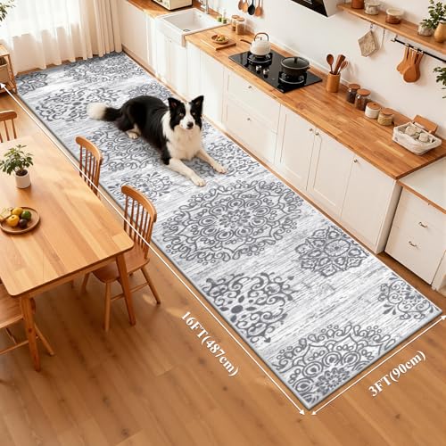HEBE Hallway Runner Rug 3'x16' Washable Vintage Distressed Area Rugs Non Slip Laundry Rug Runner Boho Floor Carpet Runners for Hallways Entryway Laundry Room Kitchen Bathroom - color: Grey, size: 3' x 16' (Rectangular)