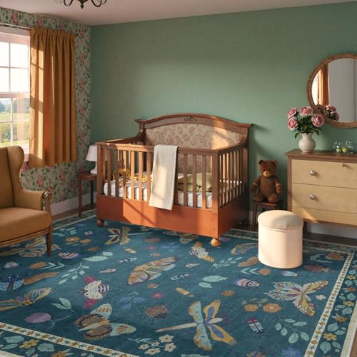 Beeiva Insect Print Bedroom Rug 8x10 Under Bed Non Slip, Foldable Washable Rugs 8x10, Low Pile 8 x 10 Area Rug for Bedroom Large Carpet for Kids Room Playroom Living Room Dorm Decor(Dark Green,8x10ft) - color: Dark Green, size: 8' x 10' (Rectangular)