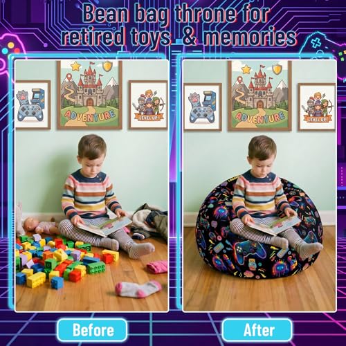 Boao 27'' Large Game Player Kids Bean Bag Chairs Cover (No Filling) Washable Stuffed Animal Storage Beanbag Chair for Kids Canvas Bean Bag Cover with Zipper for Boys Organizing Plush Toys Textile Sack - color: Neon Game, size: 27 Inches