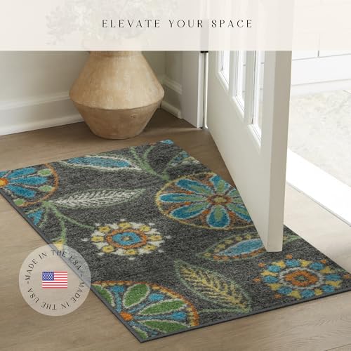 Maples Rugs Reggie Floral Kitchen Rug - Made in USA - Washable, Non Slip Indoor Carpet for Entryway, Foyer, Kitchen, and Bathroom, 1'8 x 2'10, Dark Grey - color: Dark Grey, size: 1'8" x 2'10" (Rectangular)