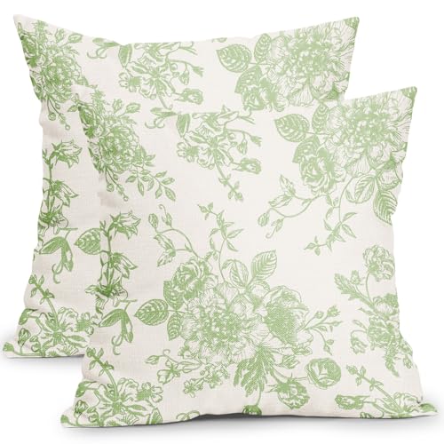 Kawani Apple Green and Cream Floral Pillow Covers 18x18 Inch Set of 2 Vintage Green Floral Throw Pillow Covers Chinoiserie Flower Pillowcases Cotton Linen Cushion Covers for Couch Decor - color: Apple Green, size: 18" x 18" (Pack of 2)
