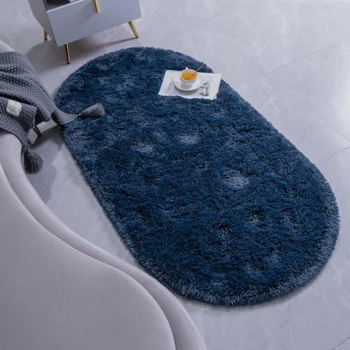 Goideal Fluffy Bedroom Rug, Small Oval Area Rugs, Navy Blue Shag Bedside Carpet for Kids Room Nursery Dorm Cute Fuzzy Indoor Decor for Boy and Girl, 2.6 x 5.3 Feet - color: Navy Blue