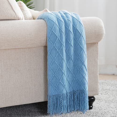 BOURINA Blue Throw Blanket 50x60 Inches Throw Textured Solid Soft Sofa Couch Decorative Knit Blanket - color: Blue, size: 50"x60"