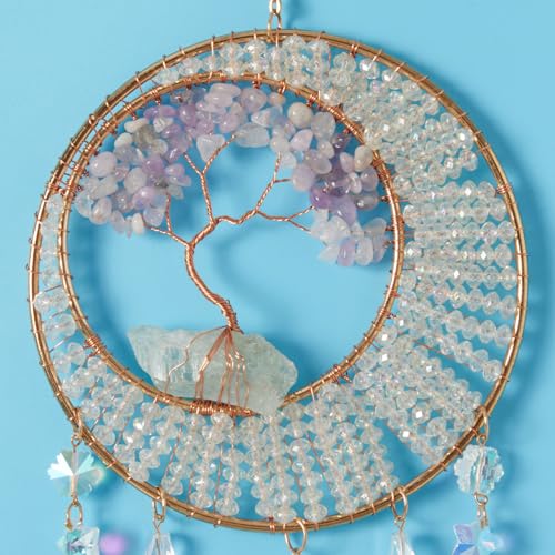 Green Quartz Gemstone Dream Catcher Tree of Life Chakra Dream Catchers with Healing Crystal Stones Handmade Dreamcatcher Sun Catcher Wall Decor for Boys Girls,Bedroom,Wedding,Garden,Bless Gift - color: 7 Chakra Tree With Green Quartz