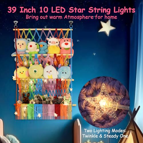 3 Tier Stuffed Animal Storage Shelf Net, 24x39 Inch Large Plushie Net w/ LED Light & Clips for Mini Medium Stuffy Teddy, Rainbow Boho Macrame Wall Toy Holder Display for Nursery Kids Girls Boys - color: Rainbow, size: Large-3 Tier-24x39 Inch