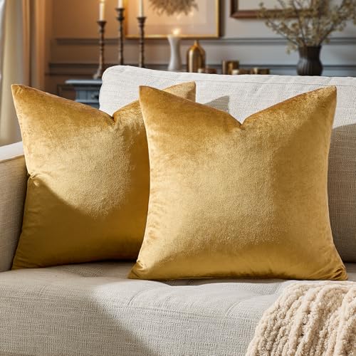 GIGIZAZA Golden Throw Pillow Covers 18x18 Decorative Velvet Cushion Covers Pack of 2 Pillowcase for Sofa - color: Golden, size: 18" x 18" (Pack of 2)