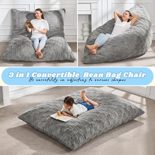 Hobestluk 3 in 1 Bean Bag Chair Giant Bean Bag Chairs for Adults with Plaid Cover Convertible Bean Bag Floor Cushion with Machine Washable Cover for Living Room (Plaid Grey) - color: Cloud Grey