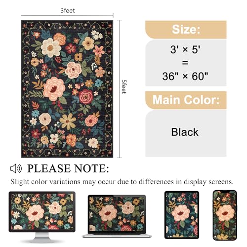 DUKINO 3x5 Area Rug, Floral Rugs for Living Room, Lightweight Non Slip Washable Rug, Indoor Low Pile & Non-Shedding Boho Design Rugs for Bedroom, Living Room, Dining Room, Black - color: Black, size: 3' x 5' (Rectangular)
