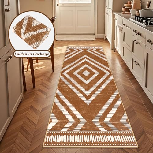 Boho Runner Rugs 2x6ft Non Slip, Brown Washable Rug with Rubber Backing, Soft Moroccan Farmhouse Kitchen Runner, Low Pile Geometric Floor Carpet for Hallway Bedroom Bathroom - color: Brown, size: 2' x 6' (Rectangular)