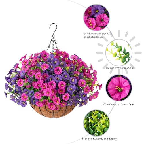 Artificial Faux Hanging Flowers Plants Basket for Spring Summer Outdoors Decoration, Silk Morning Glory with Eucalyptus Look Real UV Resistant Fake Flowers for Outside Porch Patio Balcony Home, Mix - color: Purple-fuchsia