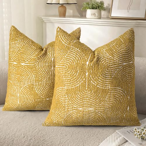 AELS Boho Decorative Textured Throw Pillow Covers 20x20, Organic Modern Mid Century Rainbow Tufted Pillow Case, Farmhouse Rustic Geometric Woven Cushion Case for Bed Couch Sofa, Mustard Yellow - color: Mustard Yellow, size: 20" x 20" (Pack of 2)