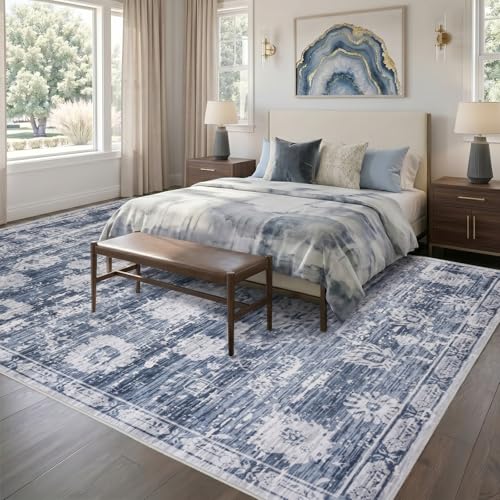 Area Rug 8x10 Blue White, Vintage Floral Washable Rug for Living Room Ultra Soft Non-Slip Rug Printed Distressed Traditional Farmhouse Carpet for Bedroom Dining Room Indoor Office Home - color: Blue & White, size: 8' x 10' (Rectangular)