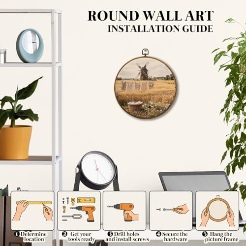 JUIOEIU Vintage Fall Rustic Farmhouse Round Wall Decor, Country Laundry Day Framed Canvas Prints, Retro Cottagecore Landscape Wall Art Hanging Decorations for Washroom Laundry Room Decor, 10x10in - color: Laundry room07