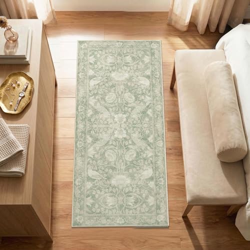 SIRIS 2x5 Washable Runner Rug, Symmetrical Botanical Floral Rug, Vintage Soft Low-Pile Non-Slip Hallway Runner, High-Traffic Floor Mat for Kitchen Entryway Bathroom Vanity Laundry Room, Sage Green - color: Siris Sage Green, size: 2' x 5' (Runner)