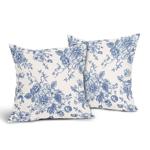 Kawani Blue Floral Pillow Covers 18x18 Inch Vintage Flower Blue Cream Decorative Throw Pillow Covers Set of 2 Chinoiserie Pillowcases Square Cushion Covers for Couch Bed Sofa Chair Car Decor - color: Blue, size: 18" x 18" (Pack of 2)