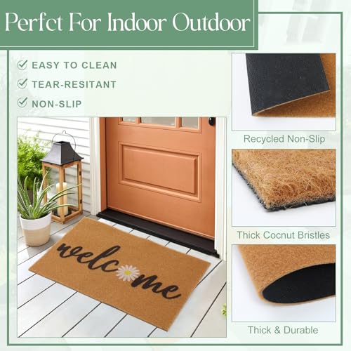 2 Pcs Door Mat Combo Set Layered Outdoor Rug and Coir Welcome Doormat Non Slip Floor Mat for Front Porch Entryway Outside Indoor Decor(Green Daisy,24'' X 35'',24'' X 16'') - size: 24'' X 35'',24'' X 16''