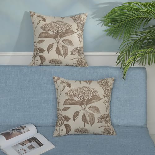 Vintage Brown Pillow Covers 16x16 Inch 2 Pcs Boho Beige Floral Decor Throw Pillows Hydrangea Flower Seasonal Outdoor Farmhouse Neutral Accent Decoration Pillowcase Linen Cushion Cover for Couch - color: Boho Brown Beige Hydrangea, size: 16" x 16" (Pack of