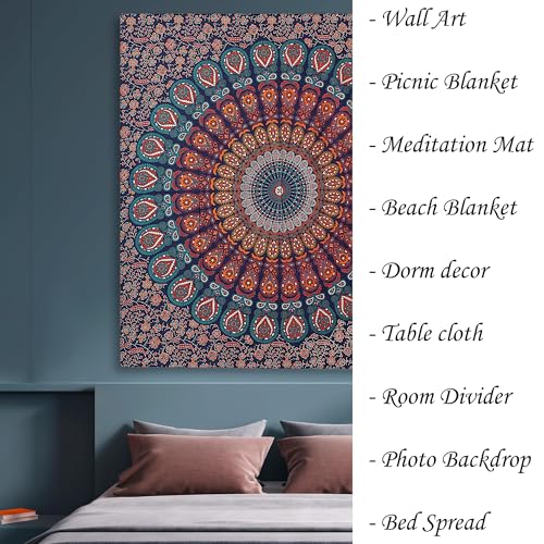 FURNISHFUL FINESSE Handmade Cotton Peacock Mandala Tapestry - Boho Wall Decor, Bohemian Hippie Room Hanging for Bedroom, Dorm & Living Room Aesthetic - 54x84 Inches, (Golden Blue) - color: Golden Blue, size: 84"L x 54"W
