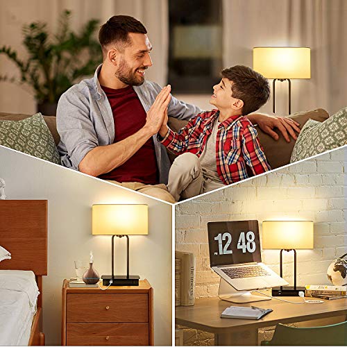 3-Way Dimmable Touch Control Table Lamp with 2 USB Ports and AC Power Outlet Modern Bedside Nightstand Lamp Fabric Shade and Metal Base for Guestroom Bedroom Living Room Hotel LED Bulb Included White - color: White