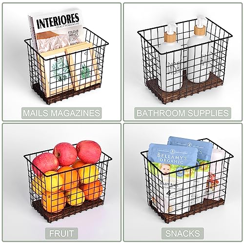 Wall Hanging Baskets 3 Pack, Diversified Wire Basket Shelves of Wooden Style, with Wall Mounted Hooks & Traceless Stickers, for Kitchen Coffee Bar Office Room Garage Storage Organization (Large) - size: Large